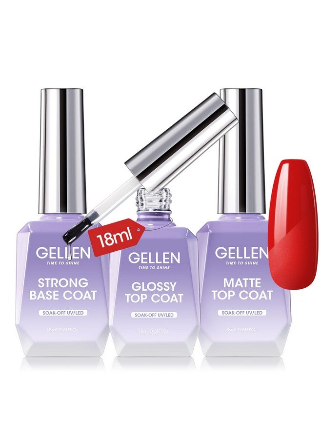 Gellen Gel Top Coat Base Coat 3Pc 18Ml Matte & Glossy Top Coat Base Coat For Gel Nail Polishno Wipe Gel Top Coat Nail Polish Soak Off Uv Lamp Gel Polish Set For Nail Starter - Image 1