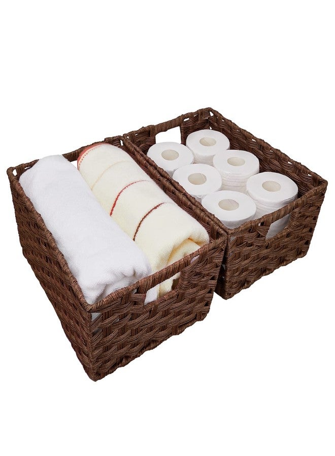 Onlytak Large Wicker Storage Basket, Metal Frame, Set of 2, Washable Waterproof, 15" x 10.3" x 5.2", Brown Color, Woven Basket for Pantry, Toilet, Bathroom, Bedroom, Patio - Image 1