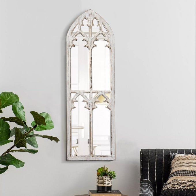 FARMHOUSE WOOD FRAME ARCHED WINDOW MIRROR 12 X 38 INCHES HANGING DISTRESSED WHITE RUSTIC CATHEDRAL HALLWAY MIRRORS FOR WALL DECORATIVE LONG MIRRORS FOR WALL DECOR LIVING ROOM ENTRYWAY