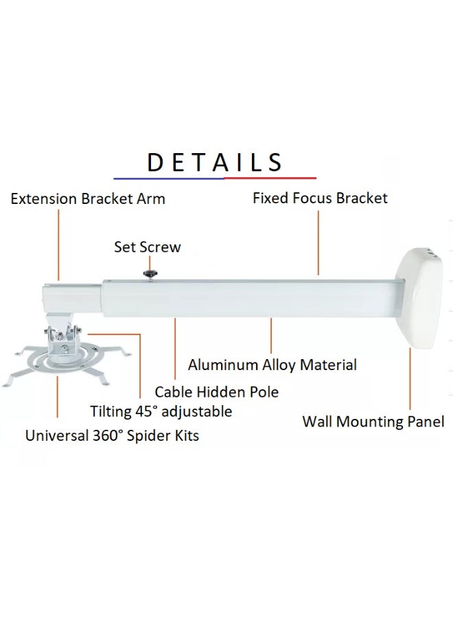 بيتيك حامل جداري لبروجكتر يدعم بروجكترات قصيرة المدى بوزن يصل إلى 40 كجم (88 رطل)، طول قابل للتعديل، دوران 360°، وإدارة للكابلات، أبيض - TF-SM120-W - Image 3