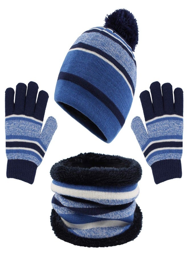 Pesaat Winter Kids Hat Scarf Glove Set Knit Fleece Lined Beanie Neck Warmer Mittens for Toddler Boys Girls 3-8 Years (Blue) - Image 1