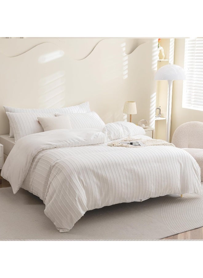 JELLYMONI Duvet Cover Oversized King Size White - 3PCS Boho Striped Duvet Cover Set Microfiber Tufted Bohemian Textured Comforter Cover with Corner Ties & Zipper Closure - Image 3