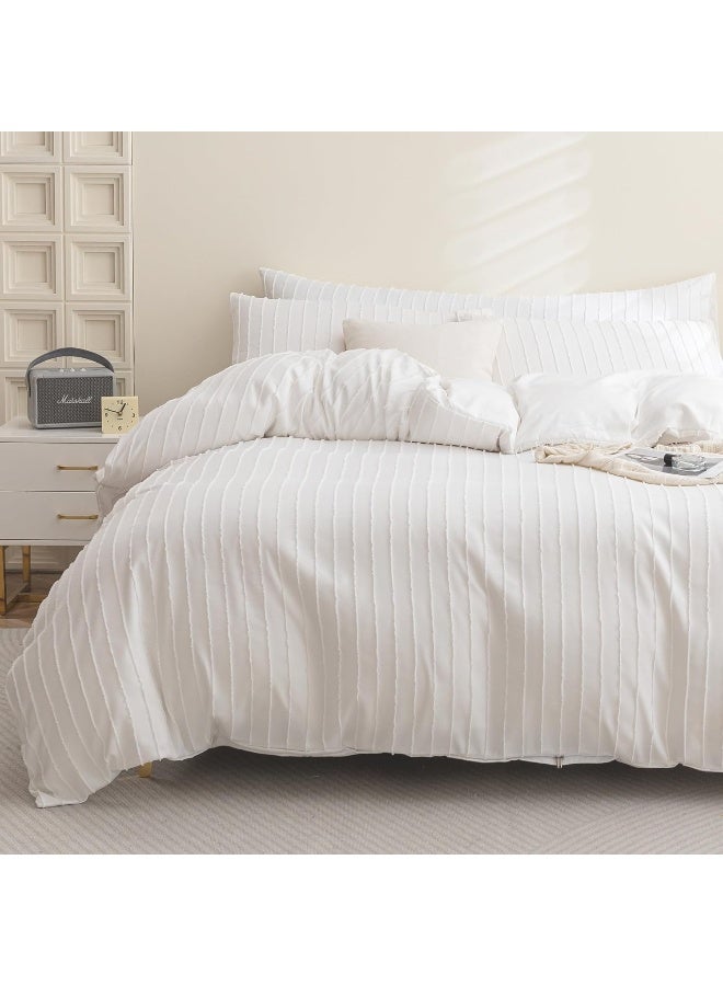 JELLYMONI Duvet Cover Oversized King Size White - 3PCS Boho Striped Duvet Cover Set Microfiber Tufted Bohemian Textured Comforter Cover with Corner Ties & Zipper Closure - Image 1