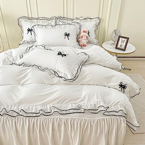 IHOUSTRIY White Duvet Cover Queen Size, Ruffle Beddding Set with Bowtie, 3 Pieces Comforter Cover Set with Zipper Closure, Girl Bedding with Pillowcase - Whte, Queen - Image 2