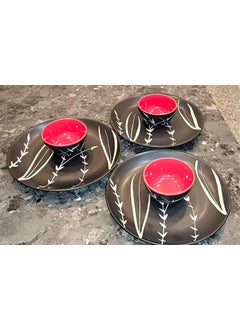 Caffeine Caffeine Ceramic Handmade Black & Red Bamboo Dinner Set(Set of 6)  - Image 1