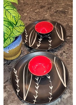 Caffeine Caffeine Ceramic Handmade Black & Red Bamboo Dinner Set(Set of 6)  - Image 2