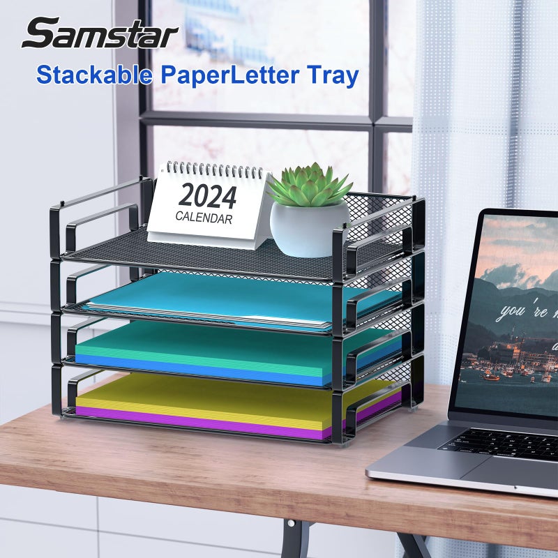 Samstar 4 Pack Stackable Letter Paper Tray, Desk File Organizer Paper Sorter for Letter/A4 Size Folders Documents, Mesh Made - Image 2