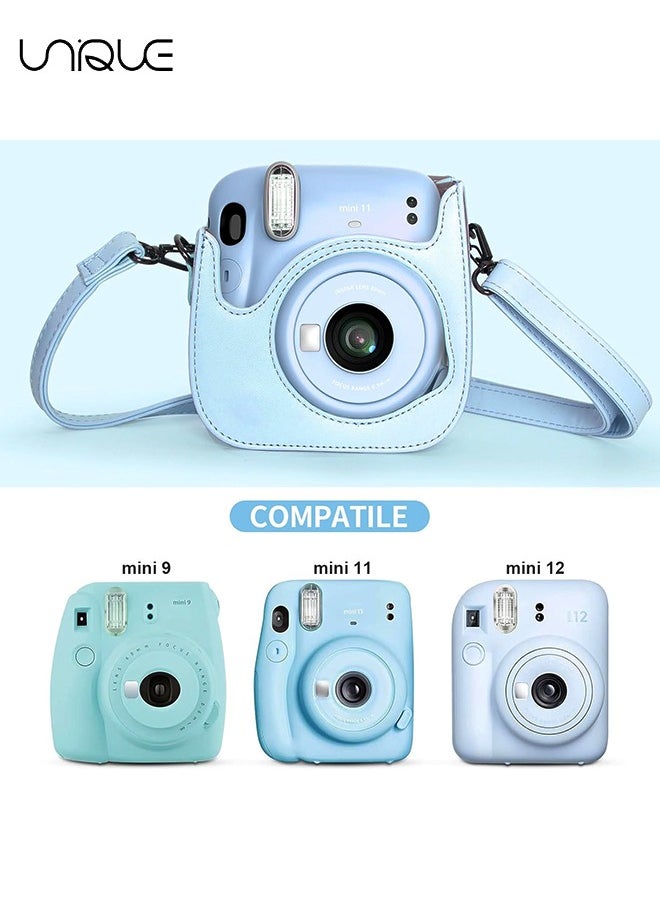 Unique - Camera Case Compatible with Instax Mini 12, Protective Case PU Leather Bag with Pocket and Adjustable Shoulder Strap (Pastel Blue) - Image 1