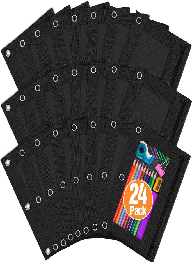 LURLIN Pencil Pouch for 3 Ring Binder, 24 Pack Pencil Bags with Zipper, Black Pencil Case for Classroom School Office Supplies, Large Sturdy and Durable Cloth Pencil Pocket for 3 Holder Binder - Image 1