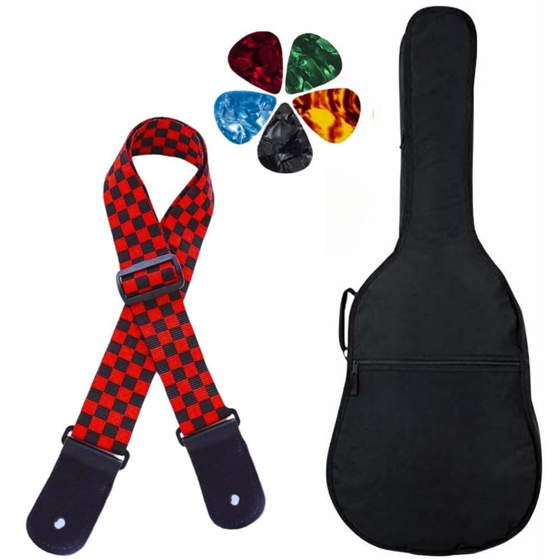 Mocking Bird Acoustic Guitar Bag Foam Padded Guitar Cover for 38, 39, 40, 41 inch with Adjustable Guitar Strap and Picks for Acoustic Electric Bass Guitar (Guitar Bag with Red Chess Strap) - Image 1