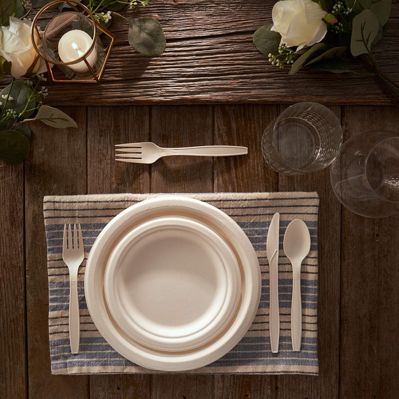 BIRCHIO 250 Piece Biodegradable Paper Plates Set (EXTRA LONG UTENSILS)  Disposable Dinnerware Set  Eco Friendly Compostable Plates & Utensil include Plates  Forks  Knives and Spoons for Party - Image 5