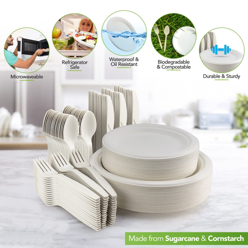 BIRCHIO 250 Piece Biodegradable Paper Plates Set (EXTRA LONG UTENSILS)  Disposable Dinnerware Set  Eco Friendly Compostable Plates & Utensil include Plates  Forks  Knives and Spoons for Party - Image 3