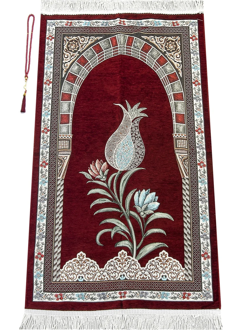 İhvan Online Ottoman Belt Mihrap Tulip Motif Chenille Prayer Rug Claret Red