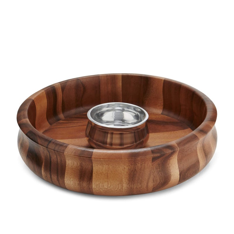 Nambe nambe  Nara Collection  Curved Chip  Dip Bowl 13 x 35  Inner Mini Nambe Alloy Dip Bowl  Measures at 13 x 35  Made with Nambe Alloy and Acacia Wood  Designed by Sean OHara