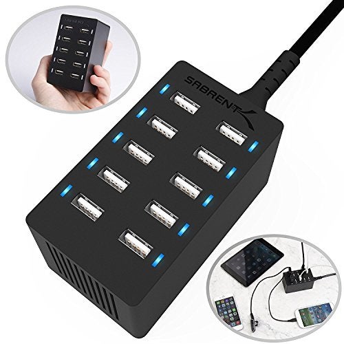 Sabrent 60 Watt (12 Amp) 10-Port [UL Certified] Family-Sized Desktop USB Rapid Charger. Smart USB Ports with Auto Detect Technology [Black] (AX-TPCS) - Image 2