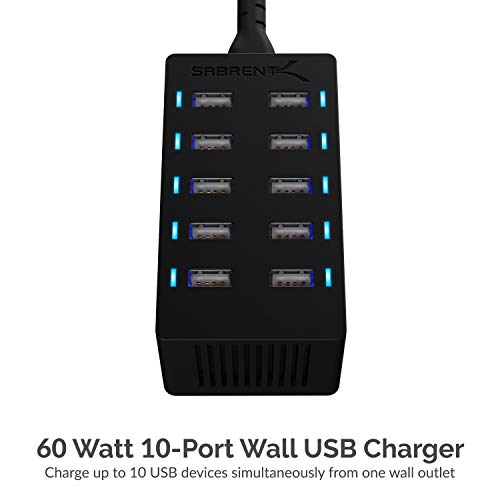 Sabrent 60 Watt (12 Amp) 10-Port [UL Certified] Family-Sized Desktop USB Rapid Charger. Smart USB Ports with Auto Detect Technology [Black] (AX-TPCS) - Image 3