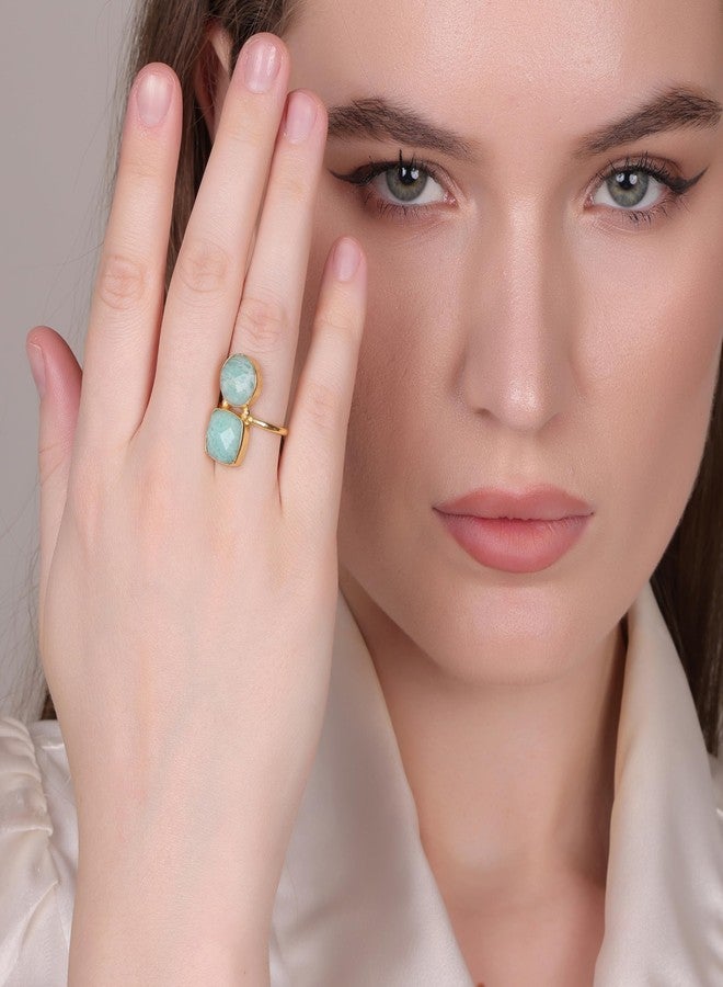 Dua Amazonite Cushion Round Ring | Gold Plated Adjustable Women’s Jewelry - Image 4