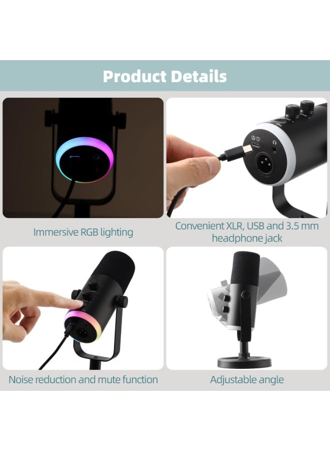 SUNEX XLR/USB Dynamic RGB Microphone with Noise Reduction, Volume Control, Metal Build for Gaming, Recording & Streaming - Image 4