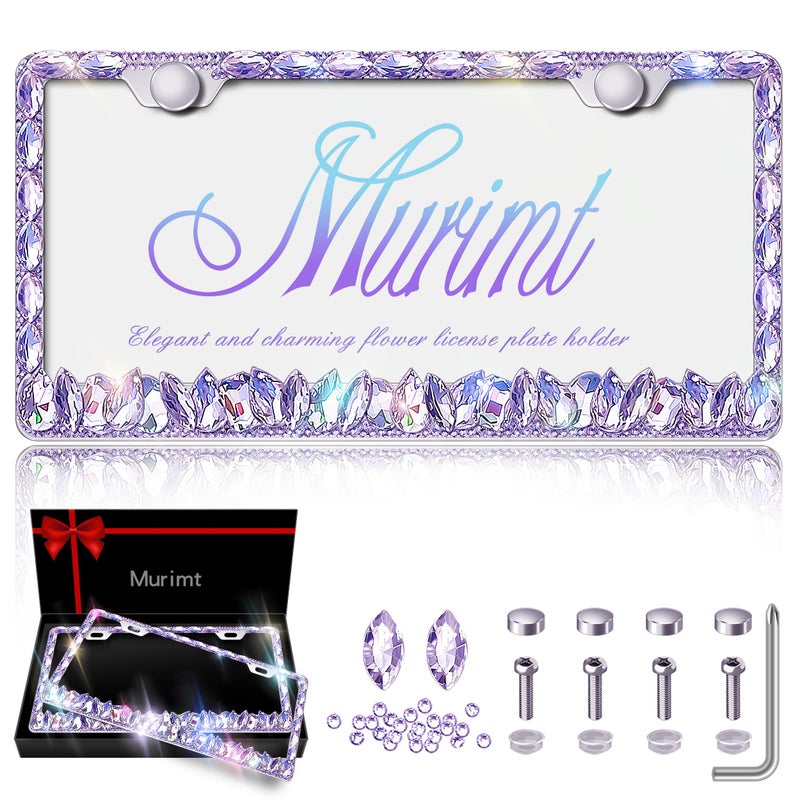 Murimt Purple Bling License Plate Frames 2 Pack Rhinestone Bling License Plate Sparkle Front License Plate Holder Cover Custom Glitter License Plate Frame Bling Car Accessories for Women - Image 1