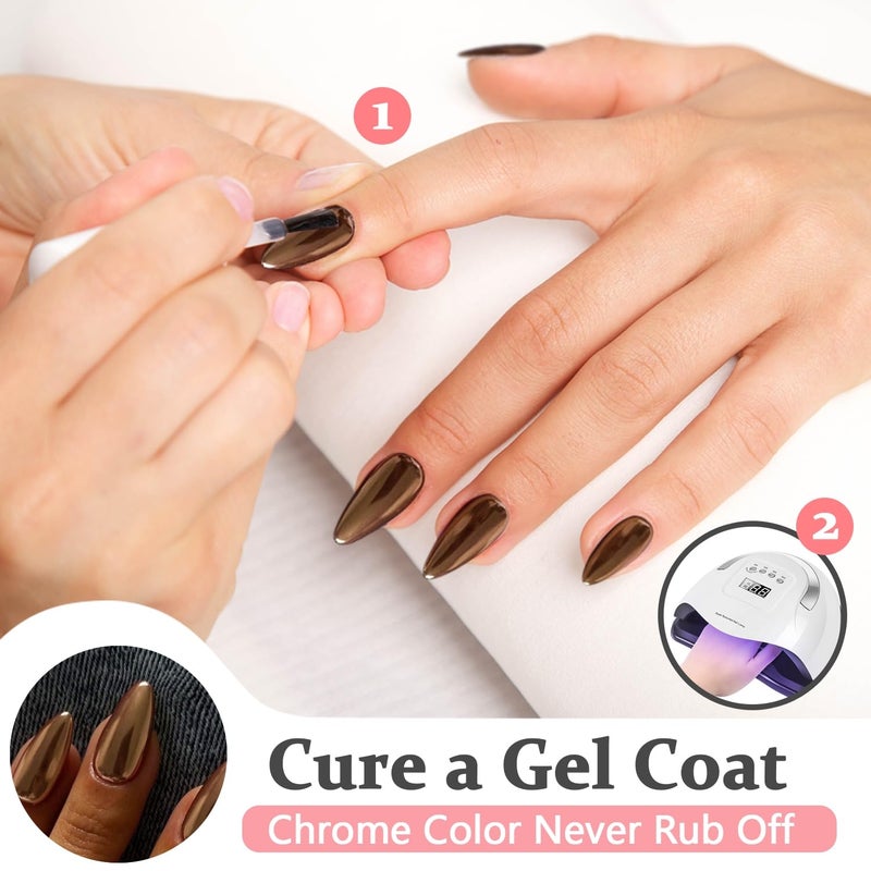 KQueenest Bronze Chrome Press on Nails Medium Almond, KQueenest Metallic Brown Acrylic Fake Nails Medium Stiletto, Glitter Glue on Nails for Women Fall Winter Wear, Glossy False Nails Press ons in 24 Pcs - Image 5