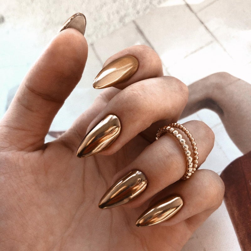 KQueenest Bronze Chrome Press on Nails Medium Almond, KQueenest Metallic Brown Acrylic Fake Nails Medium Stiletto, Glitter Glue on Nails for Women Fall Winter Wear, Glossy False Nails Press ons in 24 Pcs - Image 2