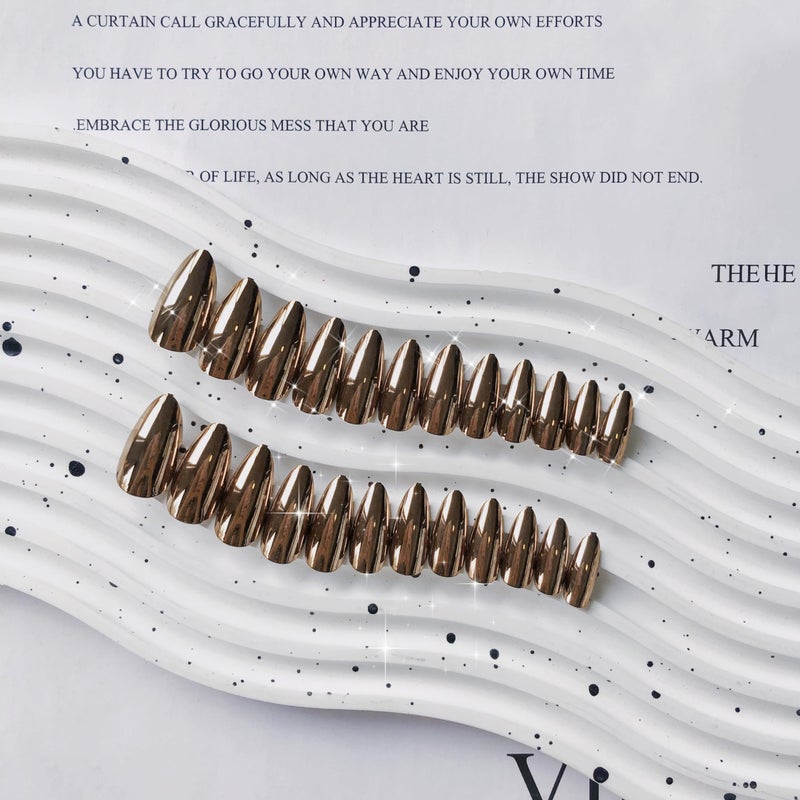 KQueenest Bronze Chrome Press on Nails Medium Almond, KQueenest Metallic Brown Acrylic Fake Nails Medium Stiletto, Glitter Glue on Nails for Women Fall Winter Wear, Glossy False Nails Press ons in 24 Pcs - Image 3