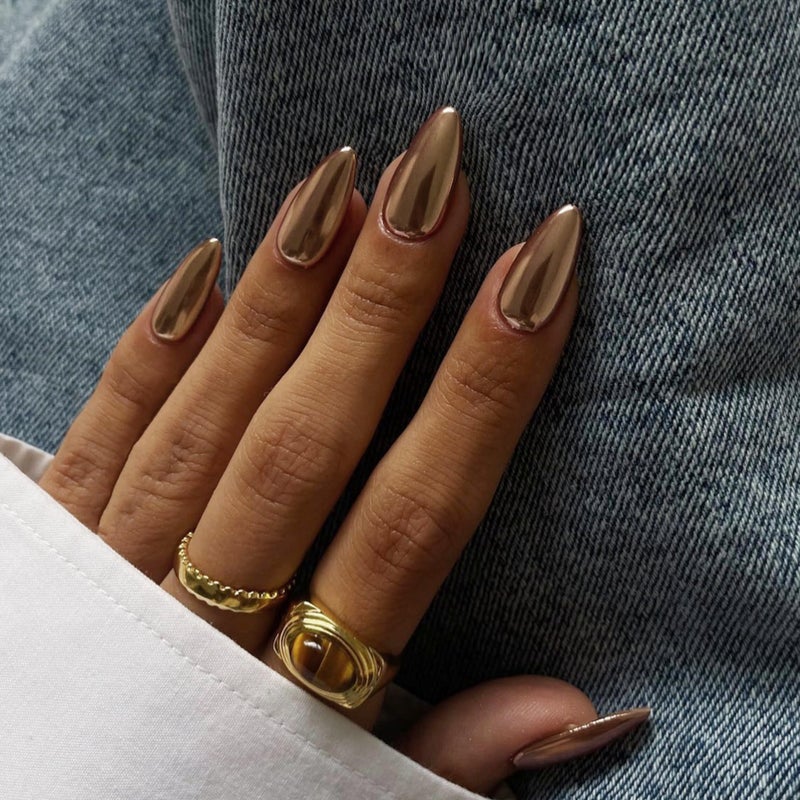 KQueenest Bronze Chrome Press on Nails Medium Almond, KQueenest Metallic Brown Acrylic Fake Nails Medium Stiletto, Glitter Glue on Nails for Women Fall Winter Wear, Glossy False Nails Press ons in 24 Pcs - Image 1