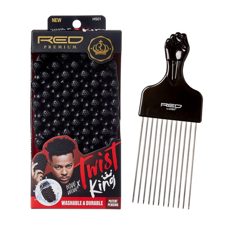 RED by Kiss Bow Wow X Twist King Premium Luxury Twist Styler Brush with Large Styling Pik Durable Washable Afro Curl Sponge Racket for Barbers and Daily Use Ideal for Curly Coiled 4C Hair