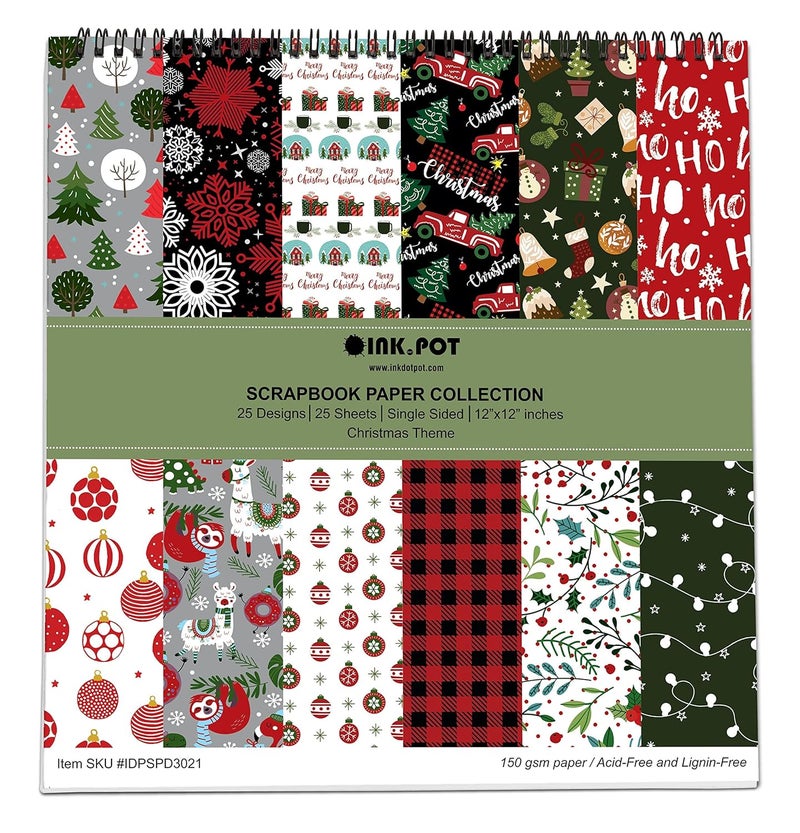 Inkdotpot 25 Sheets Christmas Theme Texture Scrapbook Paper Pad 12x12, Single-Sided Scrapbook Paper- Colorful Cardstock Paper Scrapbooking DIY Decorative Cardmaking Supplies- Journal Craft Paper - Image 1