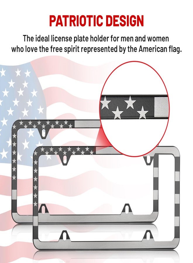 RED WOLF إطار لوحة ترخيص السيارة من ريد وولف، بتصميم العلم الأمريكي، مصنوع من الفولاذ المقاوم للصدأ، مناسب للتركيب الأمامي والخلفي، مزين بنجوم وخطوط أمريكية، بحواف رفيعة، مناسب للمناسبات الوطنية، مزود بأربعة ثقوب للتثبيت مع أغطية براغي (قطعتان). - Image 3