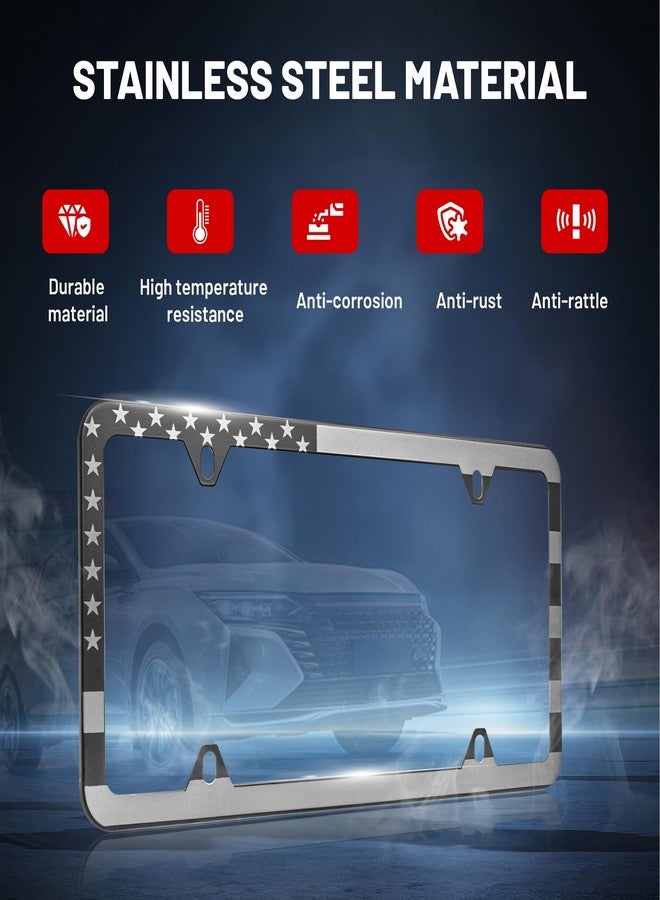 RED WOLF إطار لوحة ترخيص السيارة من ريد وولف، بتصميم العلم الأمريكي، مصنوع من الفولاذ المقاوم للصدأ، مناسب للتركيب الأمامي والخلفي، مزين بنجوم وخطوط أمريكية، بحواف رفيعة، مناسب للمناسبات الوطنية، مزود بأربعة ثقوب للتثبيت مع أغطية براغي (قطعتان). - Image 4