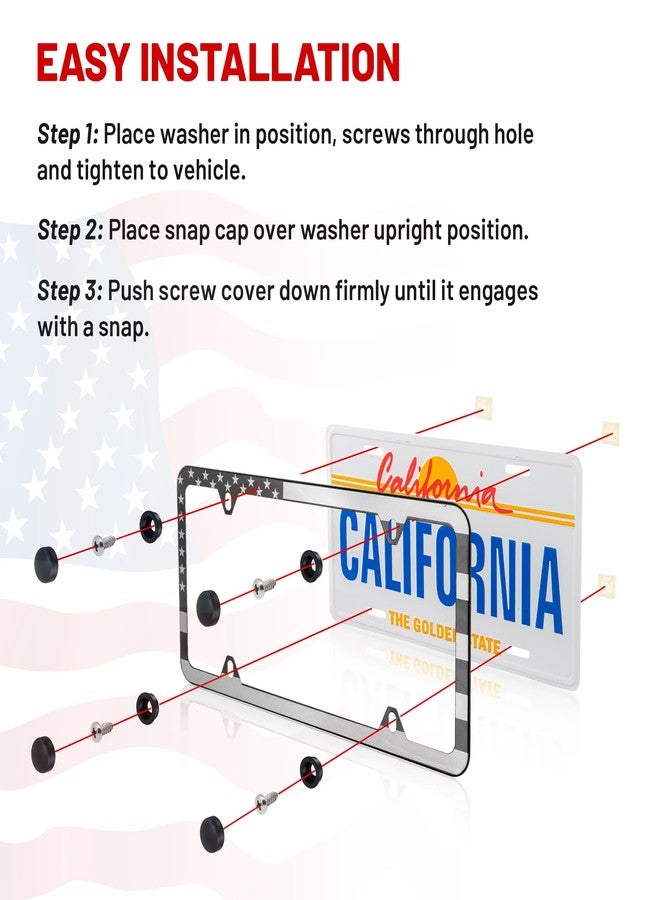 RED WOLF إطار لوحة ترخيص السيارة من ريد وولف، بتصميم العلم الأمريكي، مصنوع من الفولاذ المقاوم للصدأ، مناسب للتركيب الأمامي والخلفي، مزين بنجوم وخطوط أمريكية، بحواف رفيعة، مناسب للمناسبات الوطنية، مزود بأربعة ثقوب للتثبيت مع أغطية براغي (قطعتان). - Image 5
