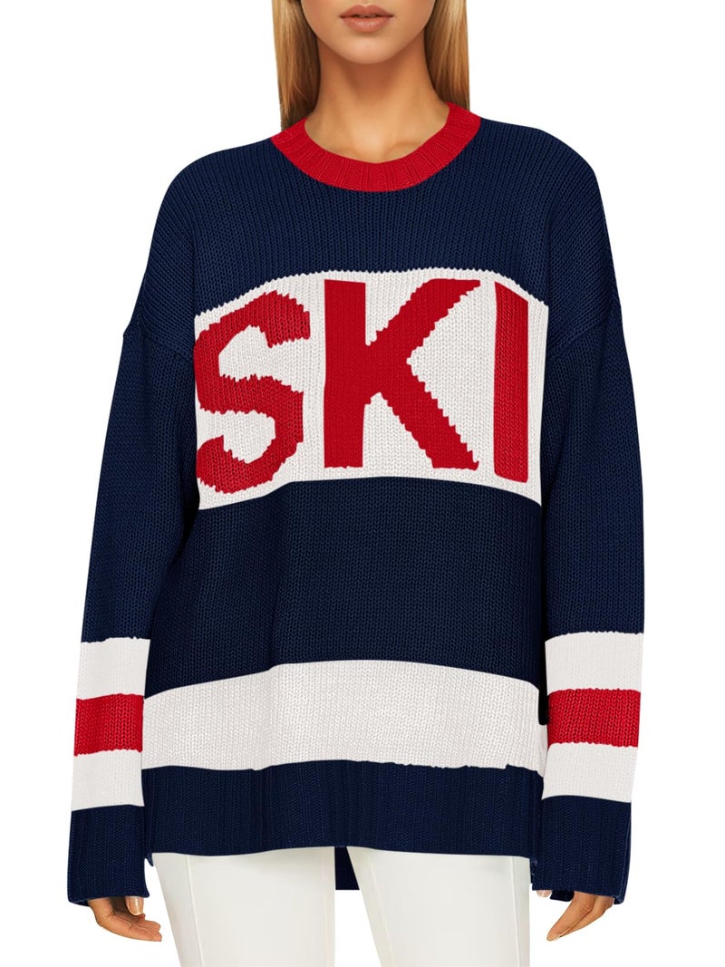 Saodimallsu Womens Color Block Oversized Sweater Ski Print Winter Trendy Crew Neck Long Sleeve Pullover Sweaters Knit Tops Navy Blue - Image 1