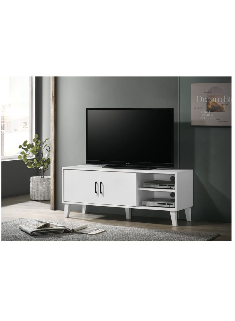 دبيلو تي- إيزي كير خزانة تلفزيون خشبية هندسية لغرفة المعيشة، بيضاء اللون - مساحة تخزين ببابين وأرفف مفتوحة مع فتحات للكابلات، تناسب أجهزة التلفزيون حتى 55 بوصة، وحدة ترفيه حديثة، متينة، سهلة التركيب، موفرة للمساحة