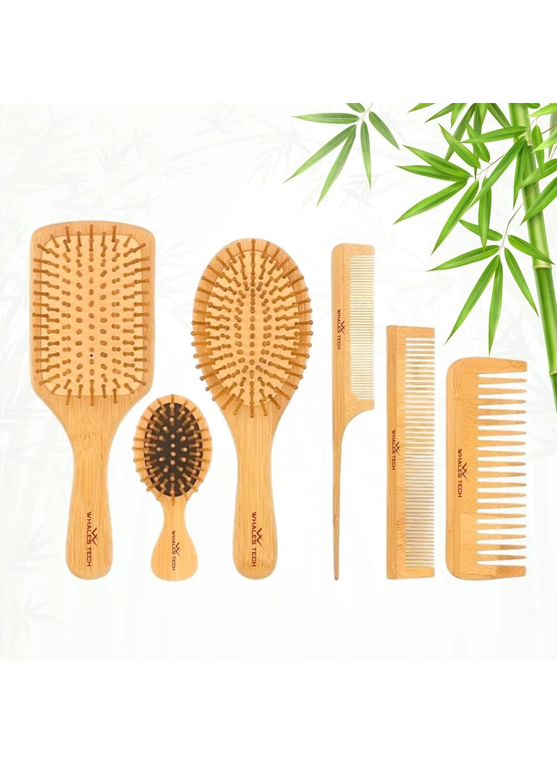 Whales Tech Bamboo hairbrush 6 in1 comb set for men women kids Bamboo hair brush for hair growth for all hair types Natural bamboo bristle hair brush for Scalp massager 
