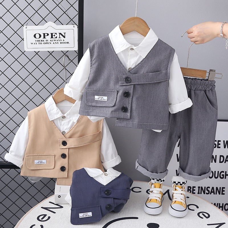 Foreign Trade Childrens Wear Boys Autumn Three-Piece Suit 2024 Childrens Long-Sleeved Vest Three-Piece Western Style Baby Boys Shirt Beige - Image 3