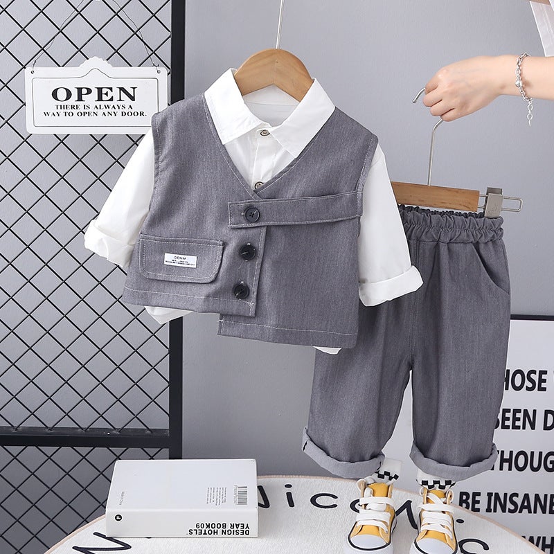 Foreign Trade Childrens Wear Boys Autumn Three-Piece Suit 2024 Childrens Long-Sleeved Vest Three-Piece Western Style Baby Boys Shirt Beige - Image 2