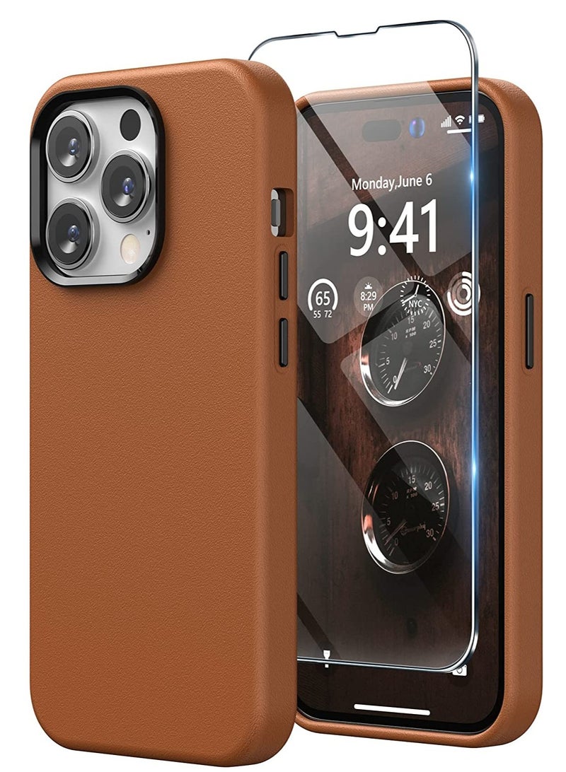 Synthetic Leather Case Compatible with iPhone 14 Pro MAX, Synthetic Leather Case Compatible with iPhone 14 Pro MAX, PU Case (with Metal Buttons & Microfiber Lining) (Brown) - Image 1