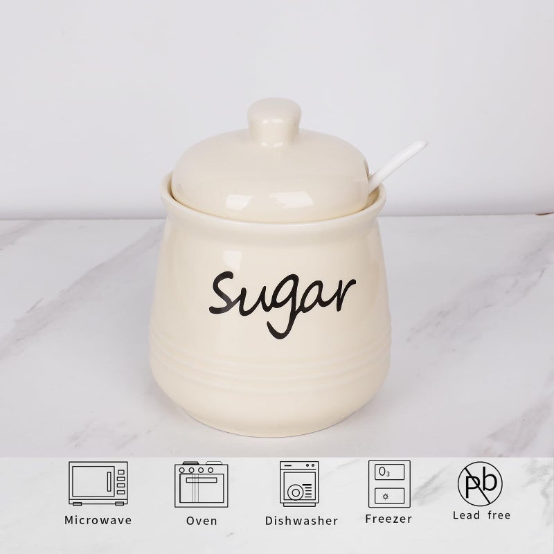 HAOTOP 12oz Sugar Bowl with Lid and Spoon,Ceramic Sugar Jar Sugar Dispenser Sugar Container Coffee Bar Accessories, Kitchen Countertop Canisters, Beige - Image 3