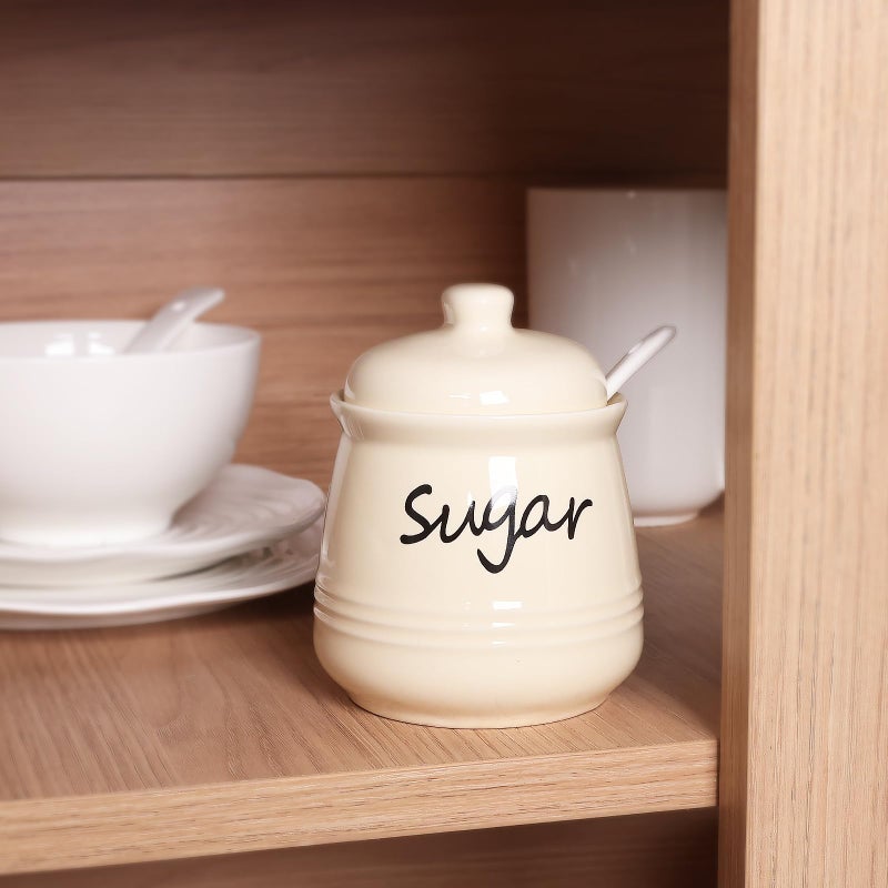 HAOTOP 12oz Sugar Bowl with Lid and Spoon,Ceramic Sugar Jar Sugar Dispenser Sugar Container Coffee Bar Accessories, Kitchen Countertop Canisters, Beige - Image 5
