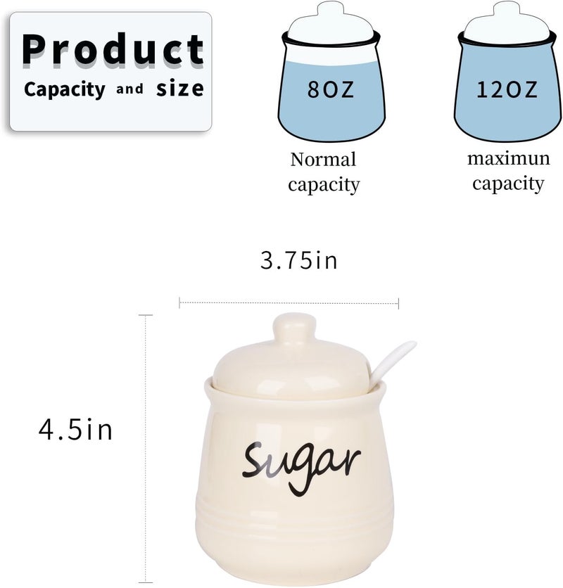 HAOTOP 12oz Sugar Bowl with Lid and Spoon,Ceramic Sugar Jar Sugar Dispenser Sugar Container Coffee Bar Accessories, Kitchen Countertop Canisters, Beige - Image 2