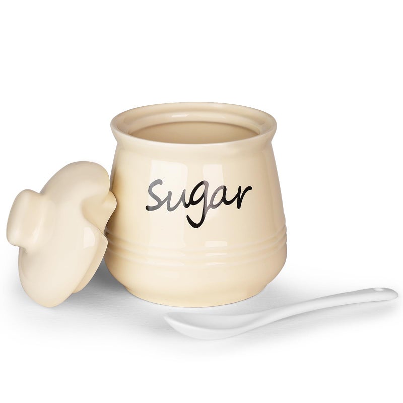 HAOTOP 12oz Sugar Bowl with Lid and Spoon,Ceramic Sugar Jar Sugar Dispenser Sugar Container Coffee Bar Accessories, Kitchen Countertop Canisters, Beige - Image 1