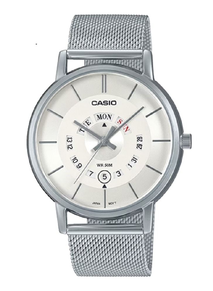 Casio Men Watch - Analog Day and date display White Dial Stainless Steel Mesh Band MTP-B135M-7AVDF. - Image 1
