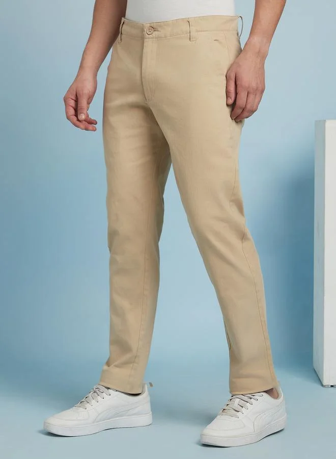 Dennis Lingo Men's Beige 100% Cotton Solid Pattern Chinos Straight Fit Trouser