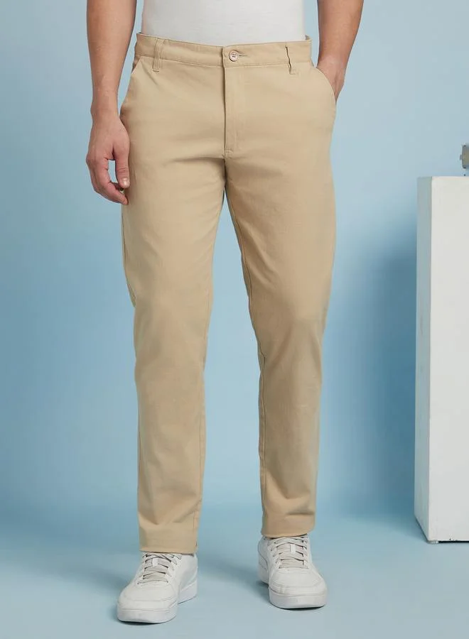 Dennis Lingo Men's Beige 100% Cotton Solid Pattern Chinos Straight Fit Trouser