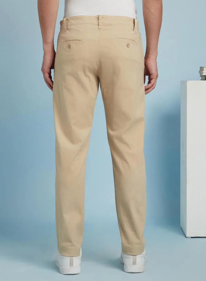 Dennis Lingo Men's Beige 100% Cotton Solid Pattern Chinos Straight Fit Trouser