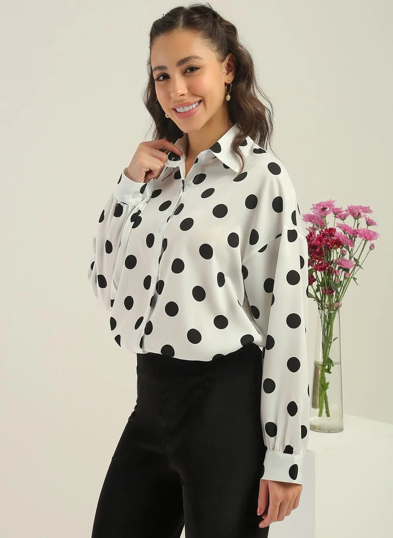 globus Globus Women White Polka Dots Collared Neck Cuffed Sleeves Curved Hem Shirt