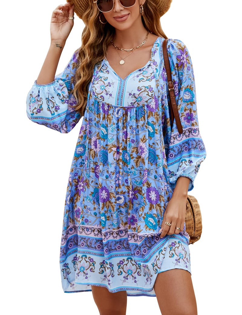 Bluetime Women Casual Summer Dress Boho V Neck 3/4 Sleeve Babydoll Floral Print Flowy Beach Dress (M, Very Peri) - Image 1