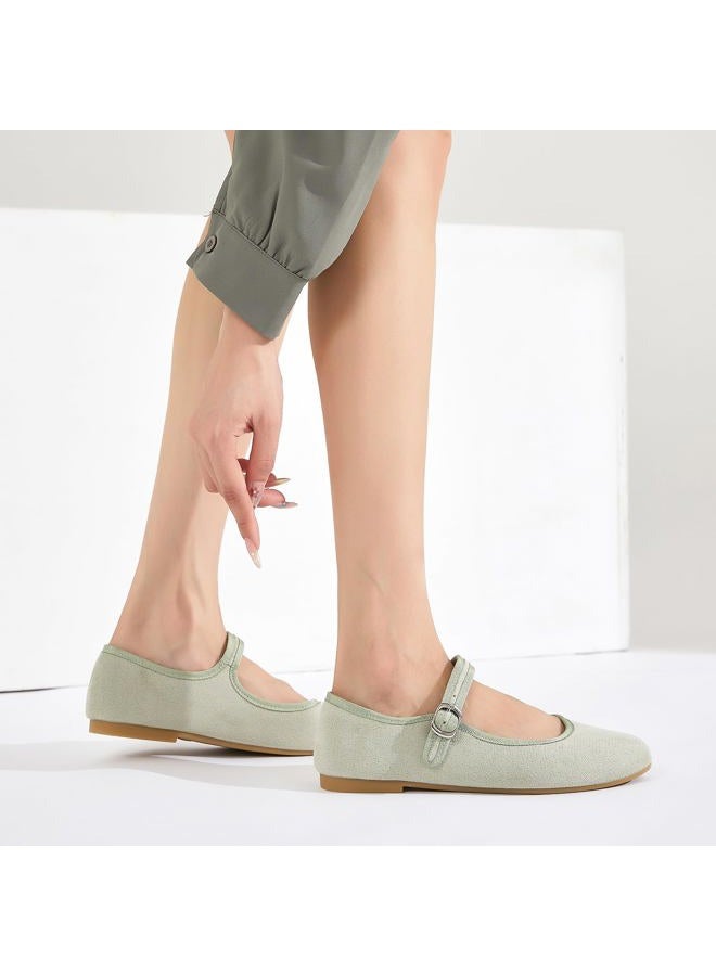 BABUDOG Womens Mary Jane Flats with Strap,Faux Suede Black Flats Shoes,Flats Shoes Women Dressy Comfortable, Green, 9 - Image 3