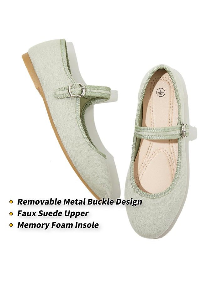 BABUDOG Womens Mary Jane Flats with Strap,Faux Suede Black Flats Shoes,Flats Shoes Women Dressy Comfortable, Green, 9 - Image 4